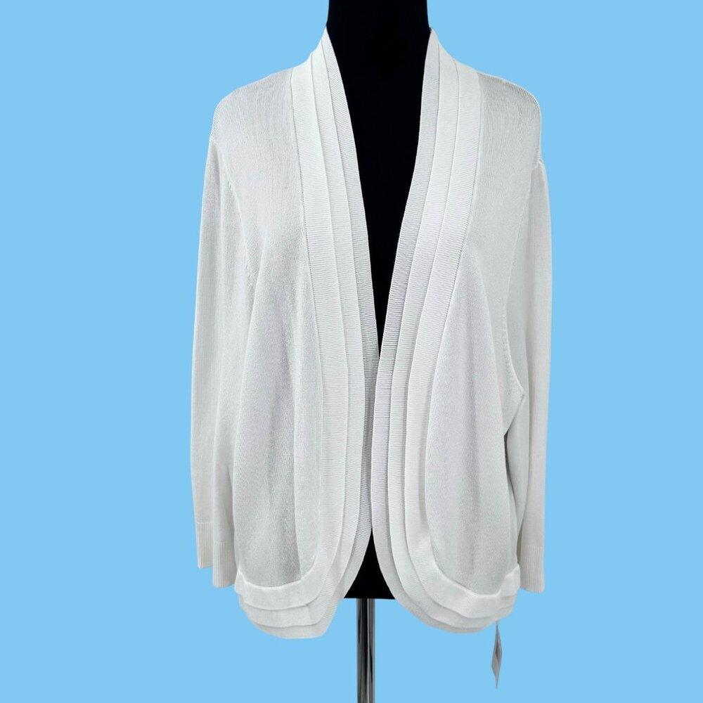 NWT RONNI NICOLE WHITE OPEN FRONT PLEATED LIGHTWEIGHT CARDIGAN SWEATER - 2X